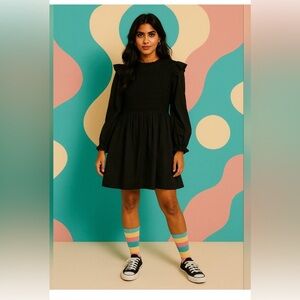 GAP Black Smocked Ruffle Midi Dress Large Tall